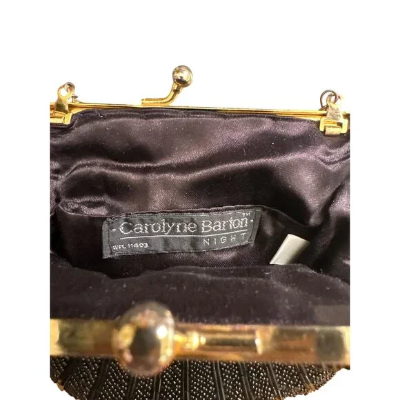 Carolyne Barton Black Beaded Clutch Purse With Gold Chain Strap & Clasp Closure - Picture 4 of 5